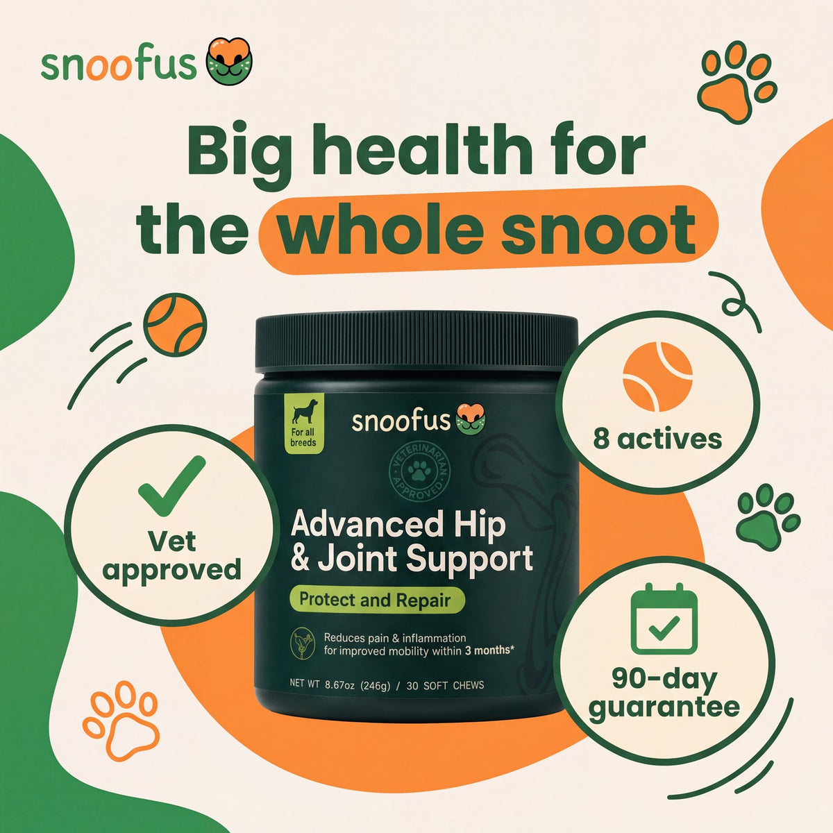 Snoofus Advanced Hip & Joint Chews tub - big health for the whole snoot, vet approved, 8 actives, 90-day guarantee