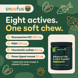 Eight actives in one soft chew: glucosamine, MSM, chondroitin, green lipped mussel, plus hyaluronic acid, omega-3, vitamin C and yucca