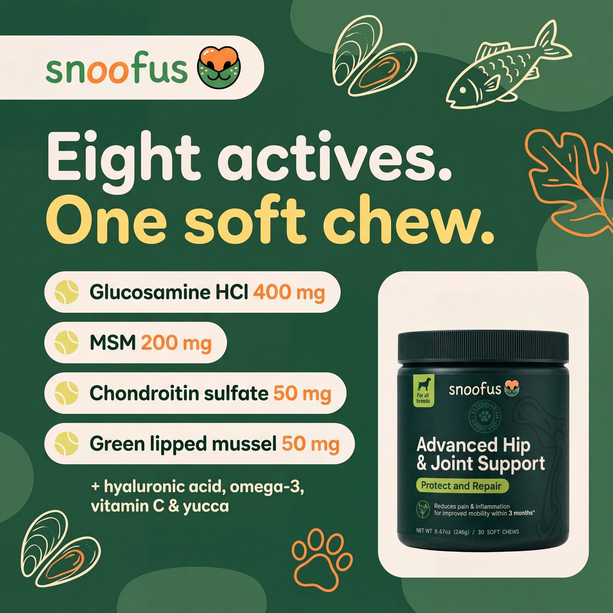 Eight actives in one soft chew: glucosamine, MSM, chondroitin, green lipped mussel, plus hyaluronic acid, omega-3, vitamin C and yucca