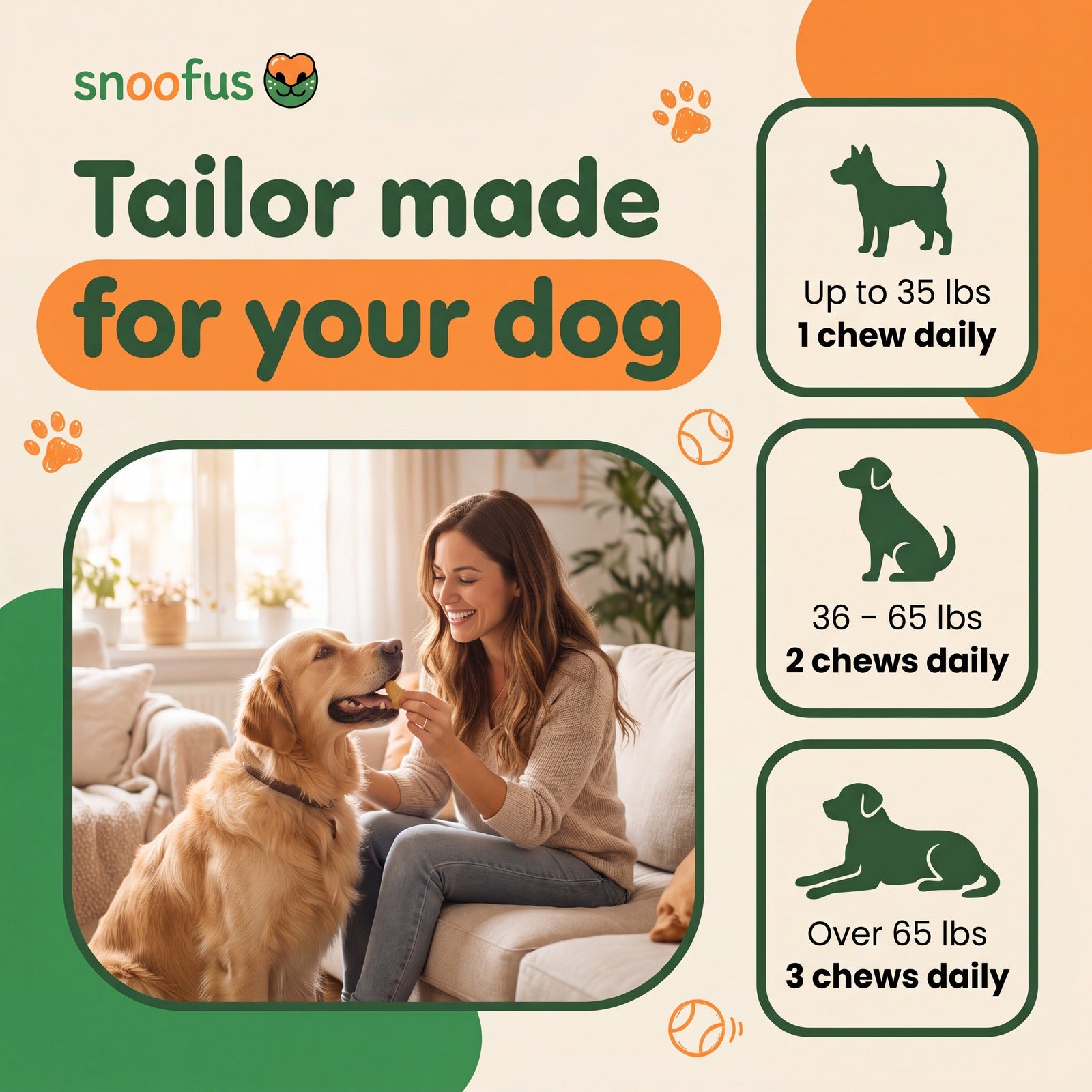 Tailor made for your dog - up to 35 lbs one chew daily, 36 to 65 lbs two chews daily, over 65 lbs three chews daily